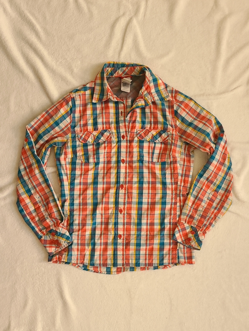 The North Face Shirt Women Med Button Up Plaid Hiking Vented Roll Tab Sleeves